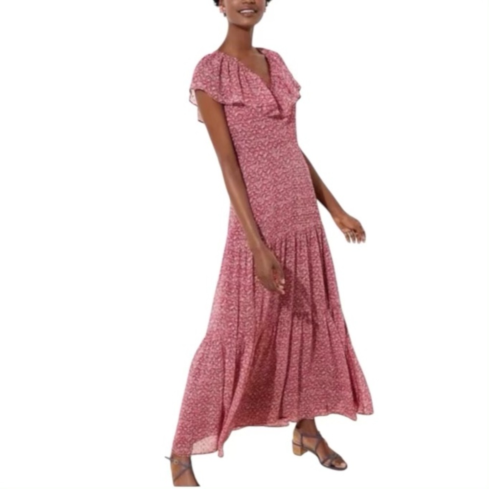 Loft 16 New Floral Flounce Tie Back Maxi Dress Long Lined Flowy Berry Red NWT